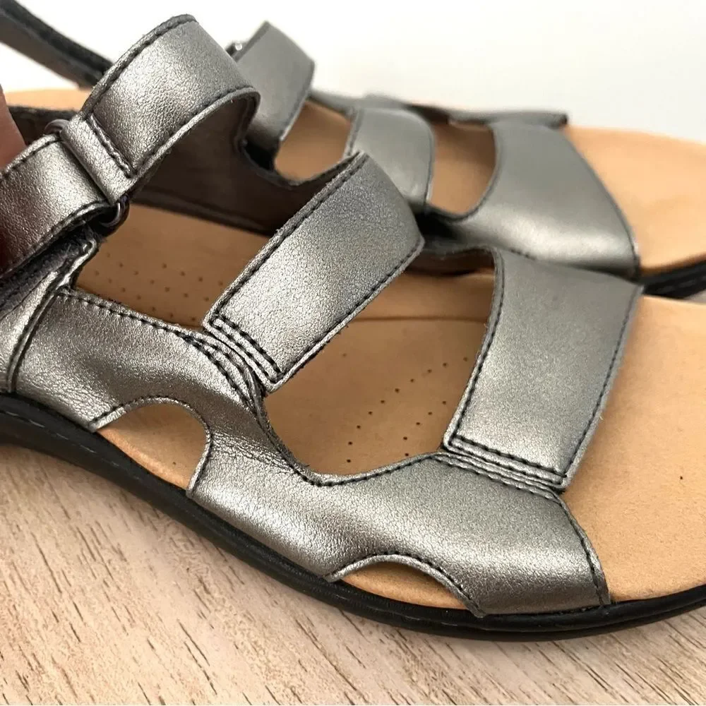 Clarks Laurieann Style Adjustable walking Sandals Pewter Metallic Sz 11 NWOB